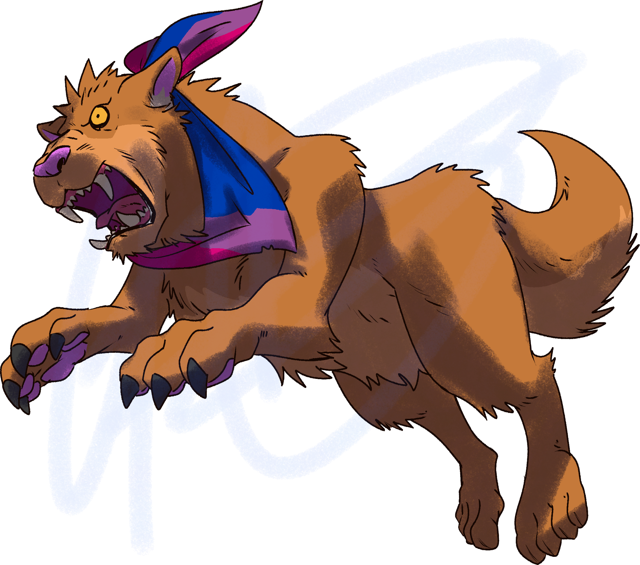 A fursona image themed "Fight with Pride". A feral orange catdog pouncing to the left, his teeth bared, with a bi flag cape draped over his neck.