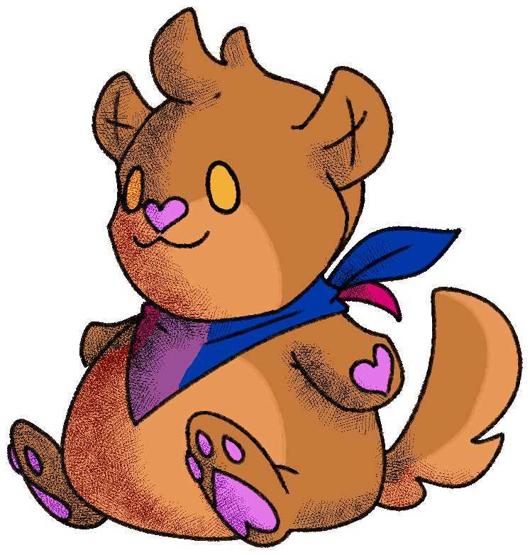 A fursona image themed "Chumby Buddies". An orange catdog beanbag plushie with heart-shaped nose, heart-shaped pawpads, and a bi flag bandana draped over his neck.