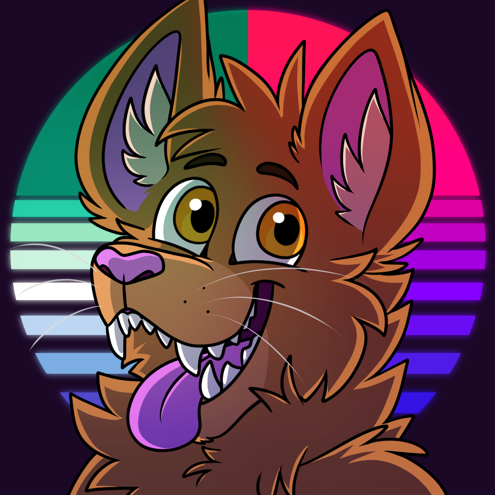 A fursona image themed "Pride Sun Icons". A headshot of an orange catdog with his eyes wide open and his tongue lolled out in a dopey grin, on a backdrop of a circle, resembling a synthwave sun, composed of two vertical semicircles: left half a men loving men flag, right half a bi flag.
