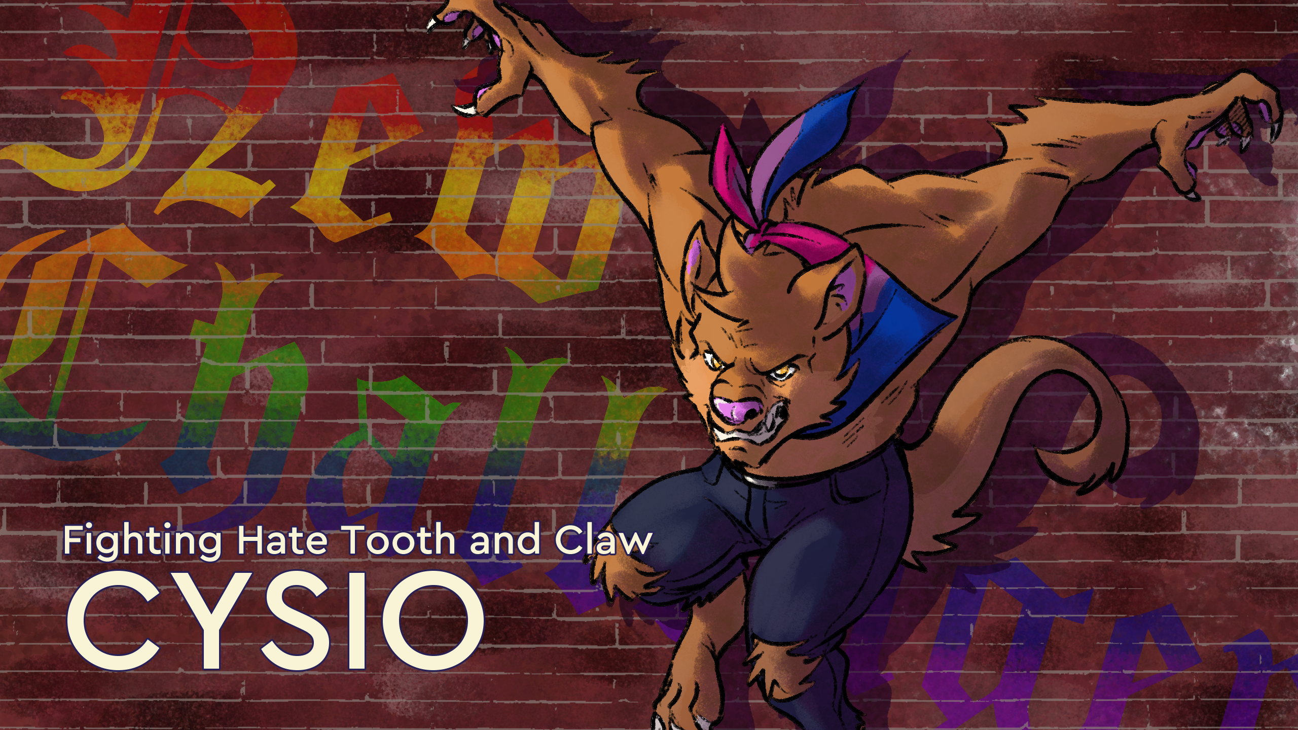 A fursona image themed "Fight with Pride". An orange anthro catdog wearing a bi flag bandana, jumping up in a fight pose with his claws curled and a snarl on his mouth, with a caption "Fighting Hate Tooth and Claw, Cysio".