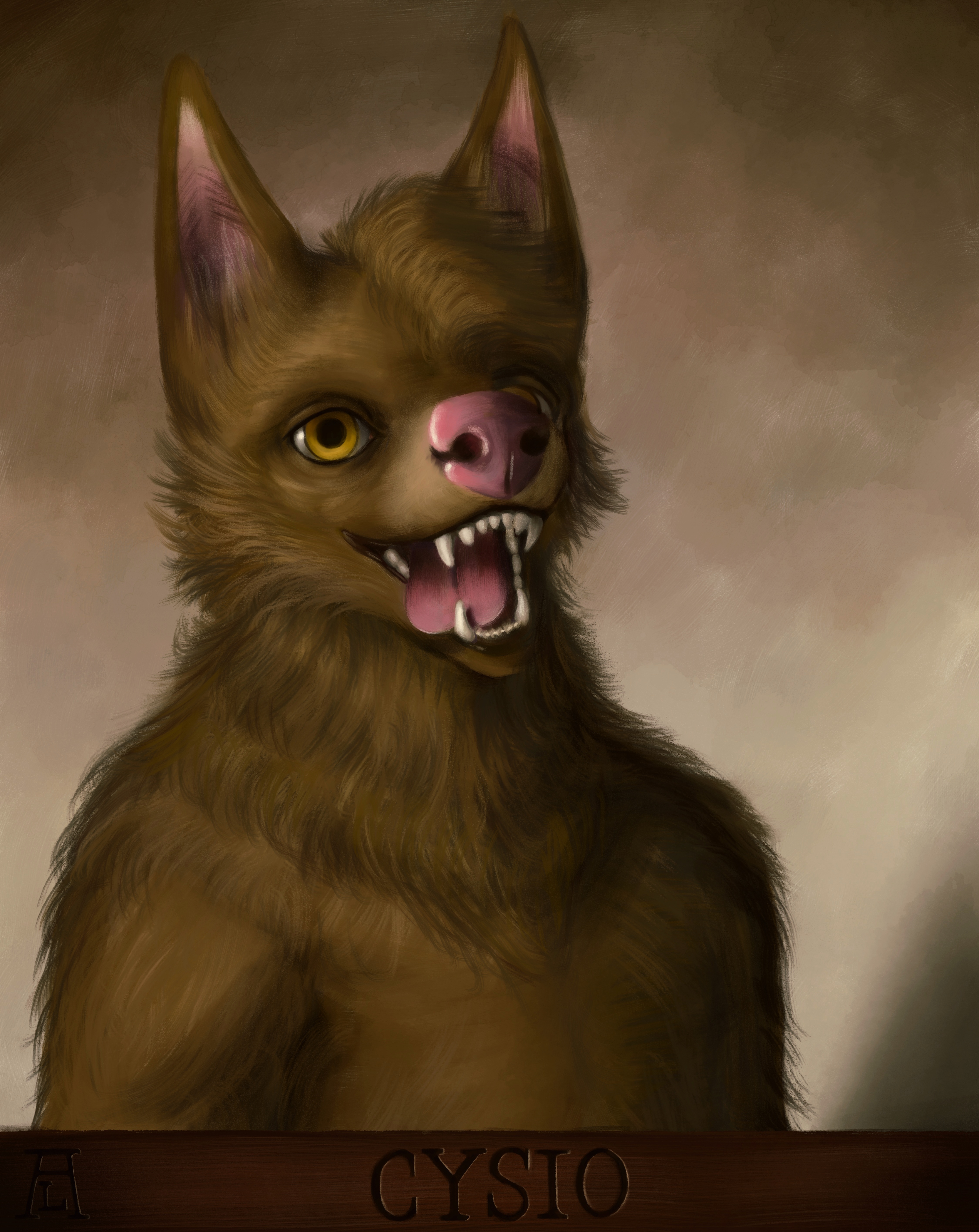 A digital portrait painted in the style of an oil painting, of a brown-furred anthro catdog staring off to the right, with his tongue lolled out.